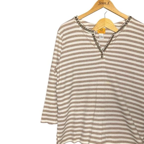 Ruby Rd. Brown Long Sleeve Striped Tunic Size L & Pull On Ankle Pants Size 14P - Picture 2 of 13